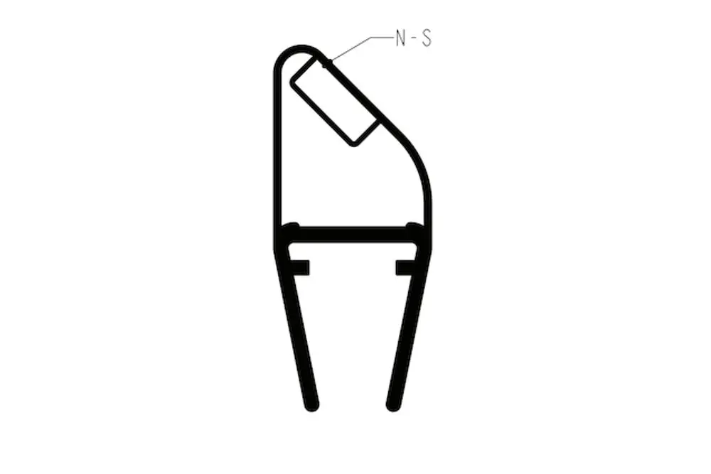 Roth Türmagnetdichtung mit einem rechteckigen Profil, dargestellt in seitlicher Ansicht, mit einer Markierung für die Magnetposition.